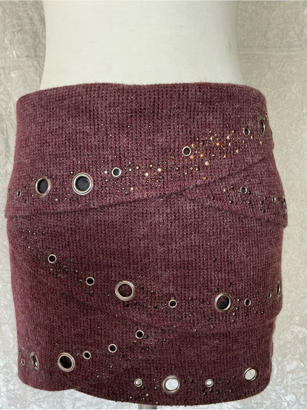 Embellished Burgundy Knit Mini Skirt